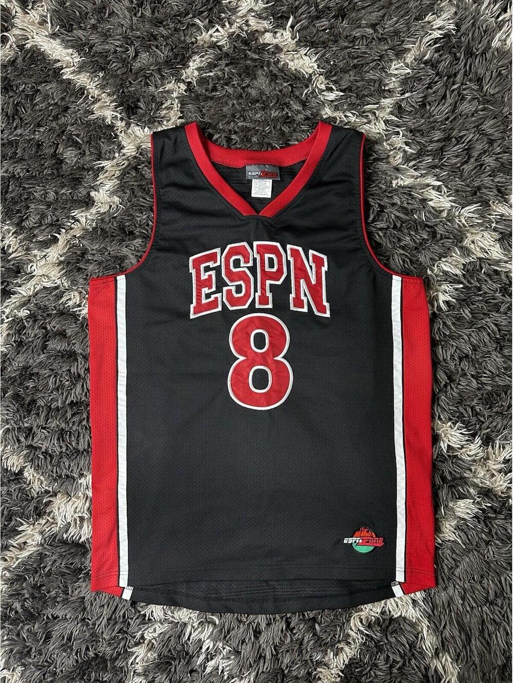 VTG ESPN Zone Mens L Basketball Jersey Black Red Embroidered #8 Mesh Macau Y2K
